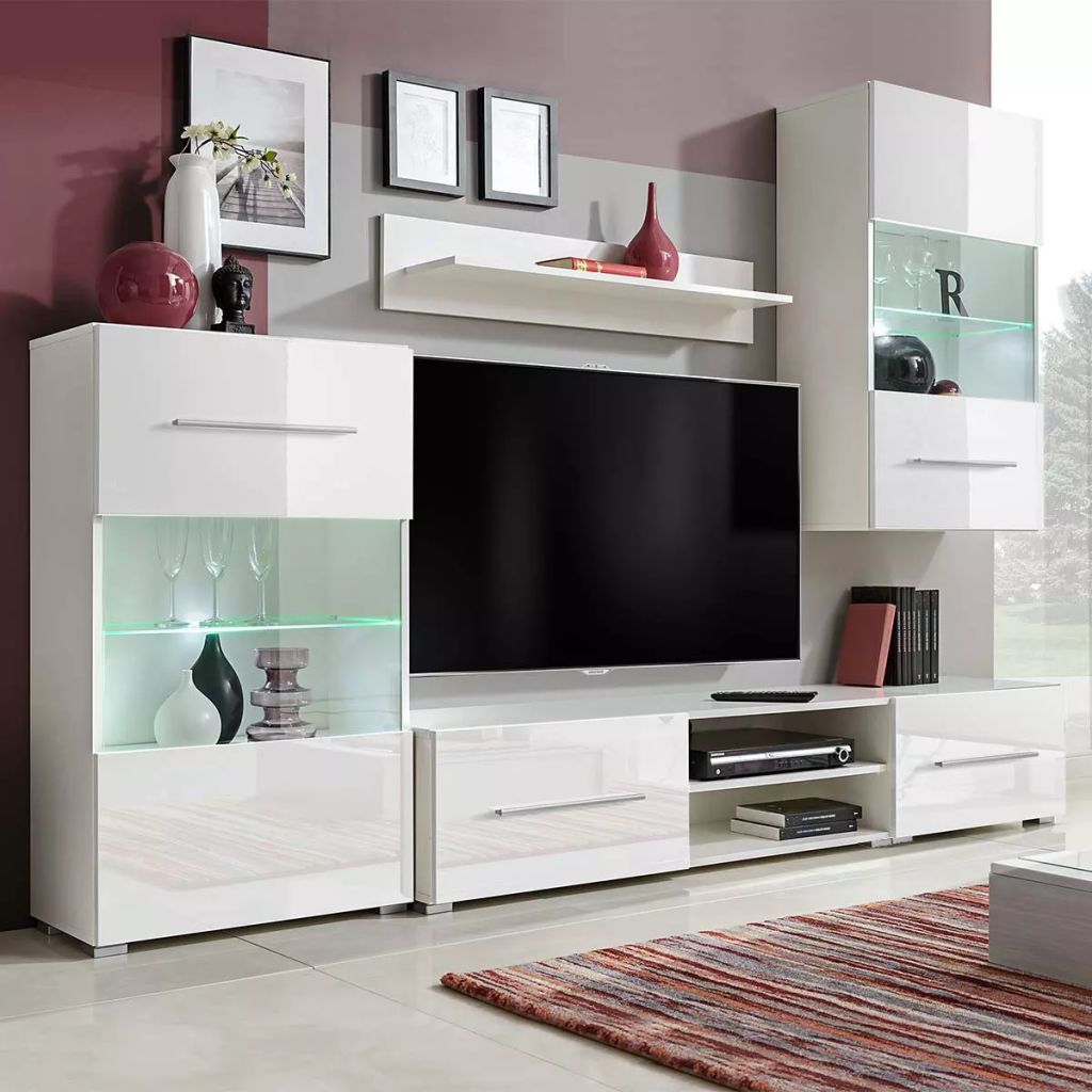 Muurvitrine tv-meubel met LED-verlichting wit 5-delig