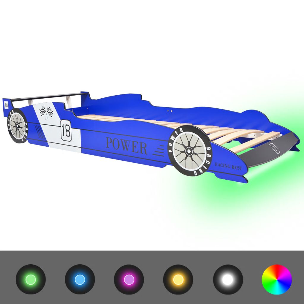Kinderbed raceauto met LED-verlichting blauw 90x200 cm