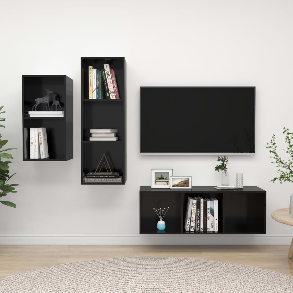 3-delige Tv-meubelset bewerkt hout hoogglans zwart
