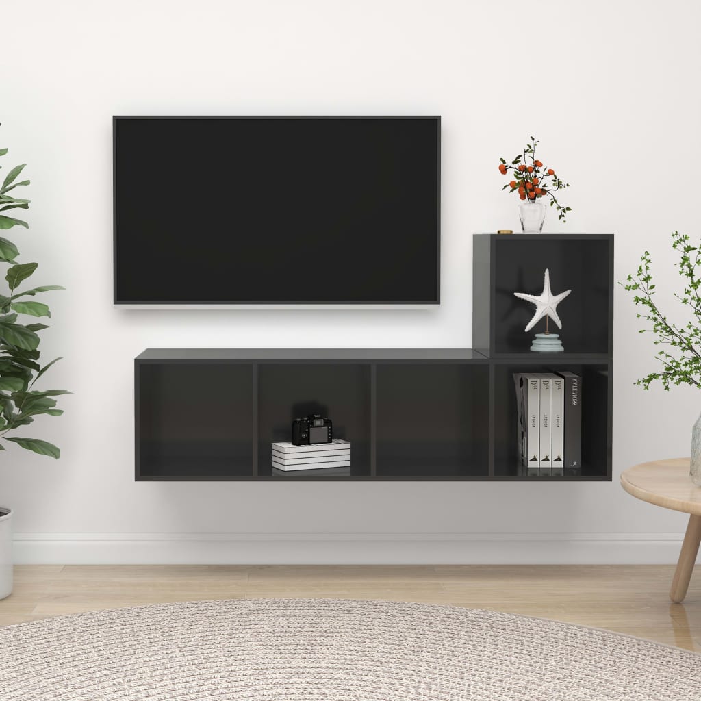 2-delige Tv-meubelset spaanplaat hoogglans grijs